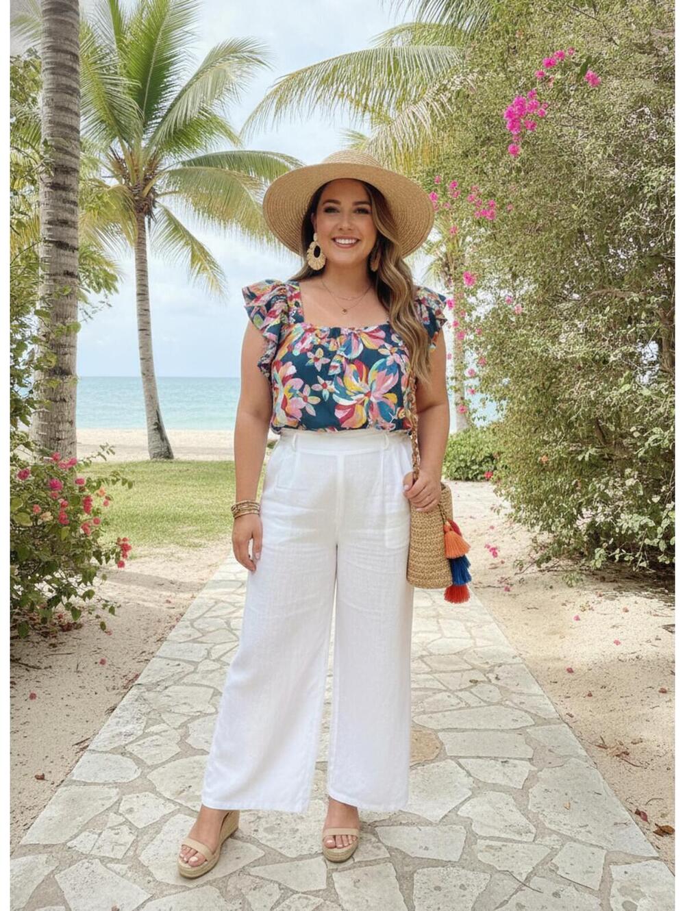 theGET Plus 3X Floral Ruffle Strap Top Navy Multi Tropical